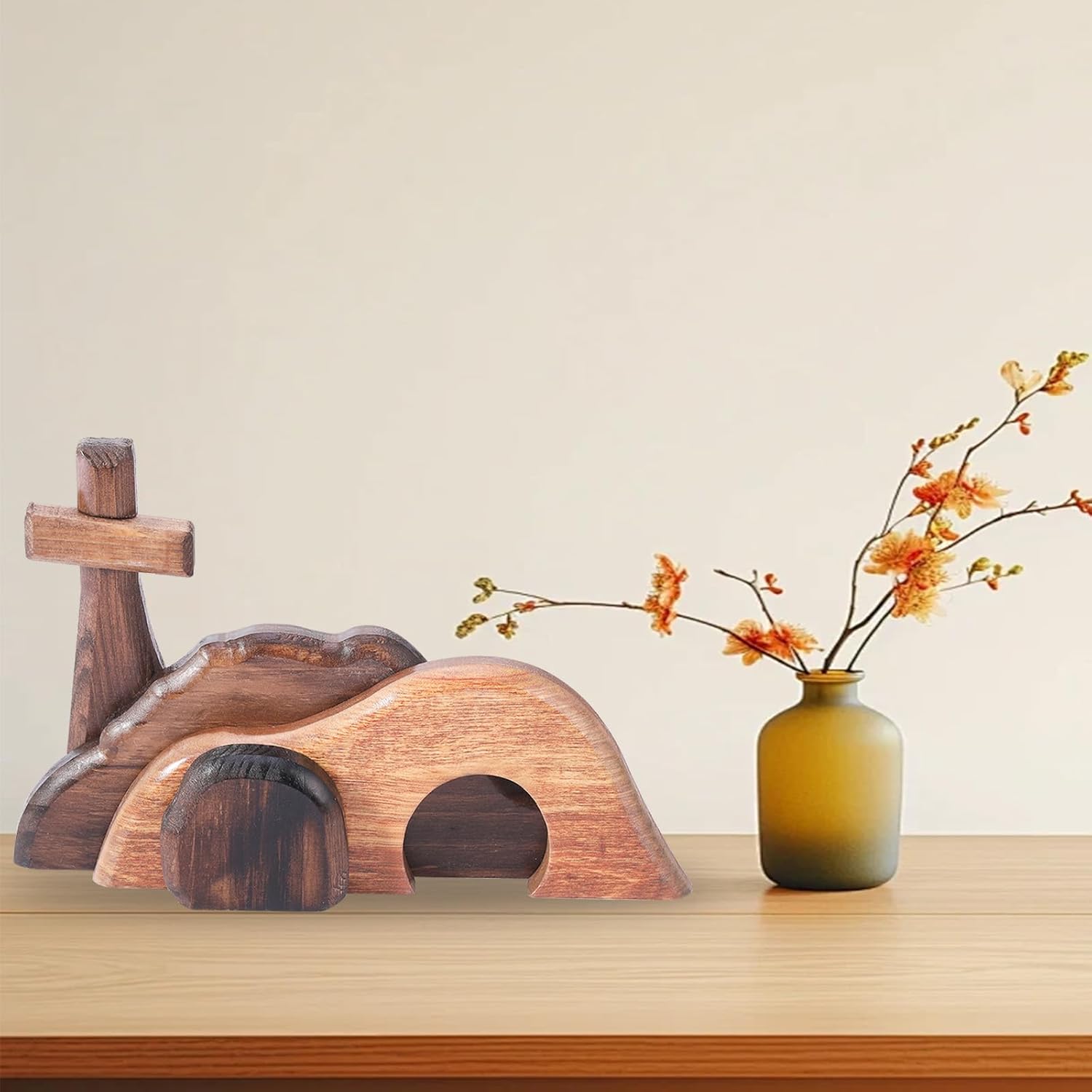 EGZ Empty Tomb Easter Scene and Cross Decoration, Wooden Easter Jesus Resurrection Scene Cross and Tomb Tray Set, Suitable for Religious Home and Office Desk Display, Christian Gift.