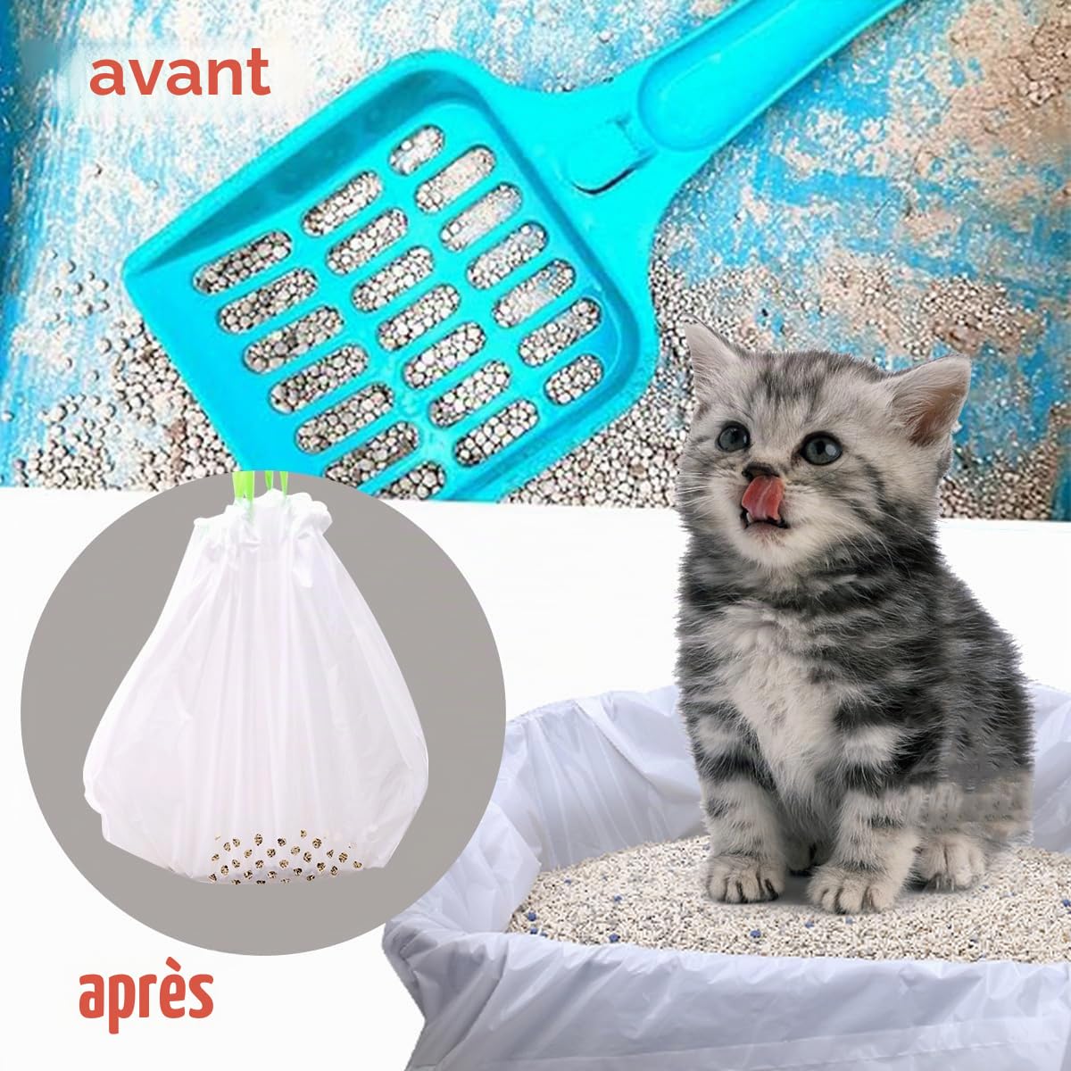 Lot de 3 sacs filtrants pour litière pour chat - 3 sacs (21 pièces) - Outil de nettoyage de litière pour chat - Cordon de serrage durable pour se cacher - Accessoire pratique pour le nettoyage des