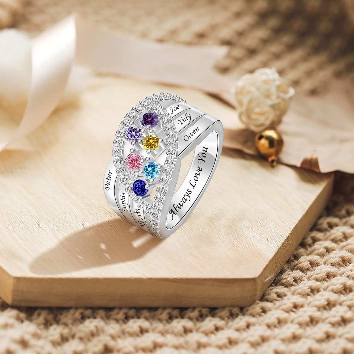 Mothers Ring Personalized 1-6 Birthstones Family Rings Sterling Silver Engraved Name Rings Custom Ring for Women Grandma Mom Her on Mother's Day Christmas Anniversary