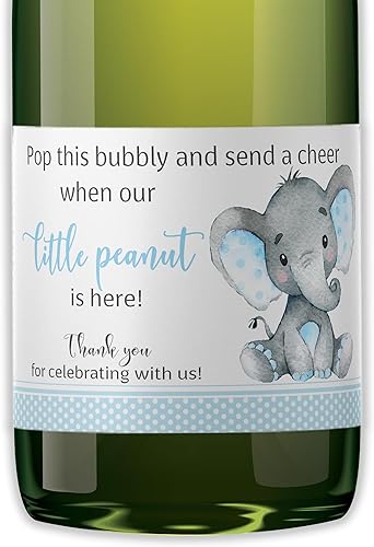 Juego de 18 mini etiquetas de champán, baby shower, Baby Sprinkle, Blue Little Peanut Elephant M501-E-18