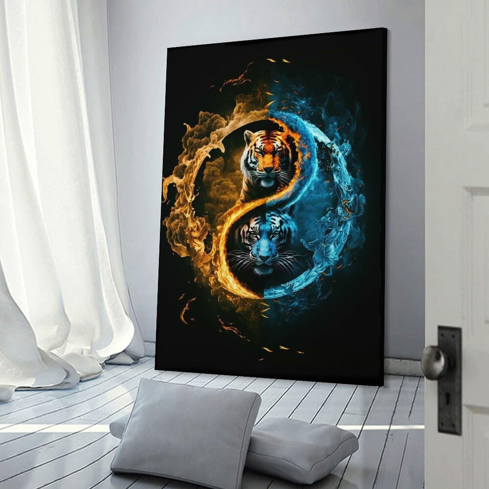 Junmoney Frame-Style-14 Hanging Wall Art Tiger Yin Yang Art Print, 20X30inch(50X75cm), For Gallery Wall Layouts In Home Or Office, An Easy Match For Collected Prints