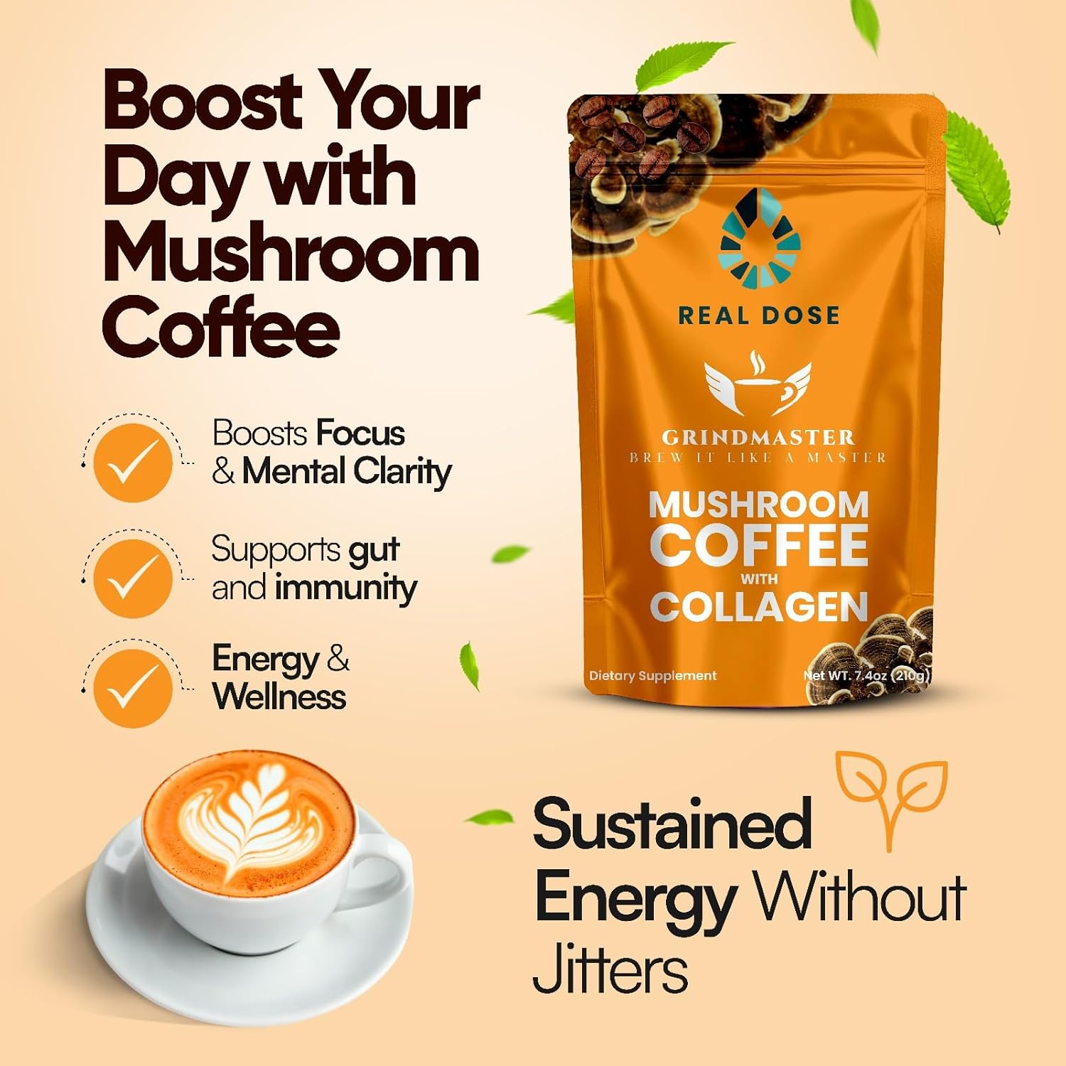 Mushroom Coffee - Mental Clarity & Beauty Support - With Collagen Protein Powder, Lion’s Mane, L-Theanine & Chaga - Adaptogenic Blend - Gut Health & Immune Support - 30 Servings