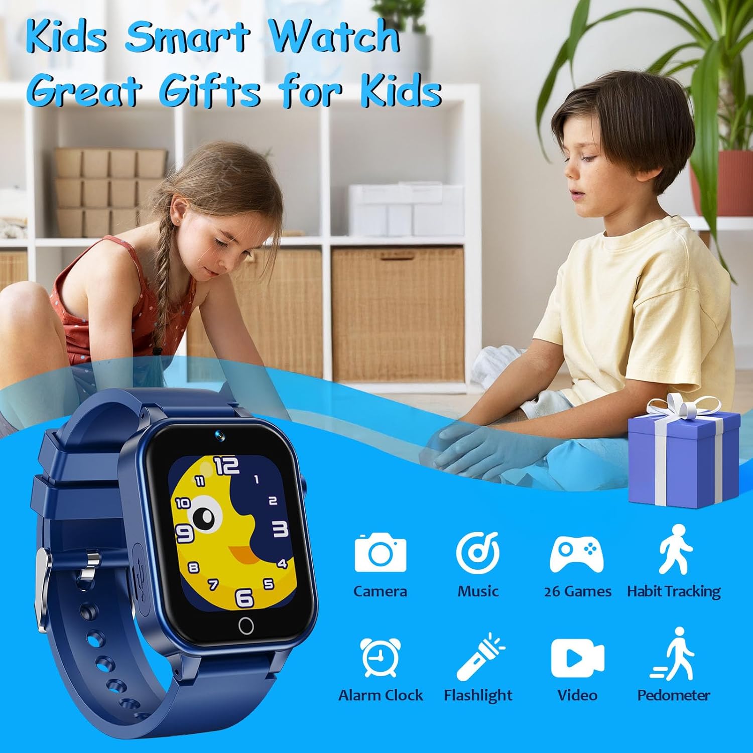 1.5 Inches Kids Smart Watch for Boys Girls, 26 Puzzle Games, Smartwatch with Camera, Pedometer, Video Voice Music Player Learning Card, Birthday Gift for 3-12 Years Children (Blue)