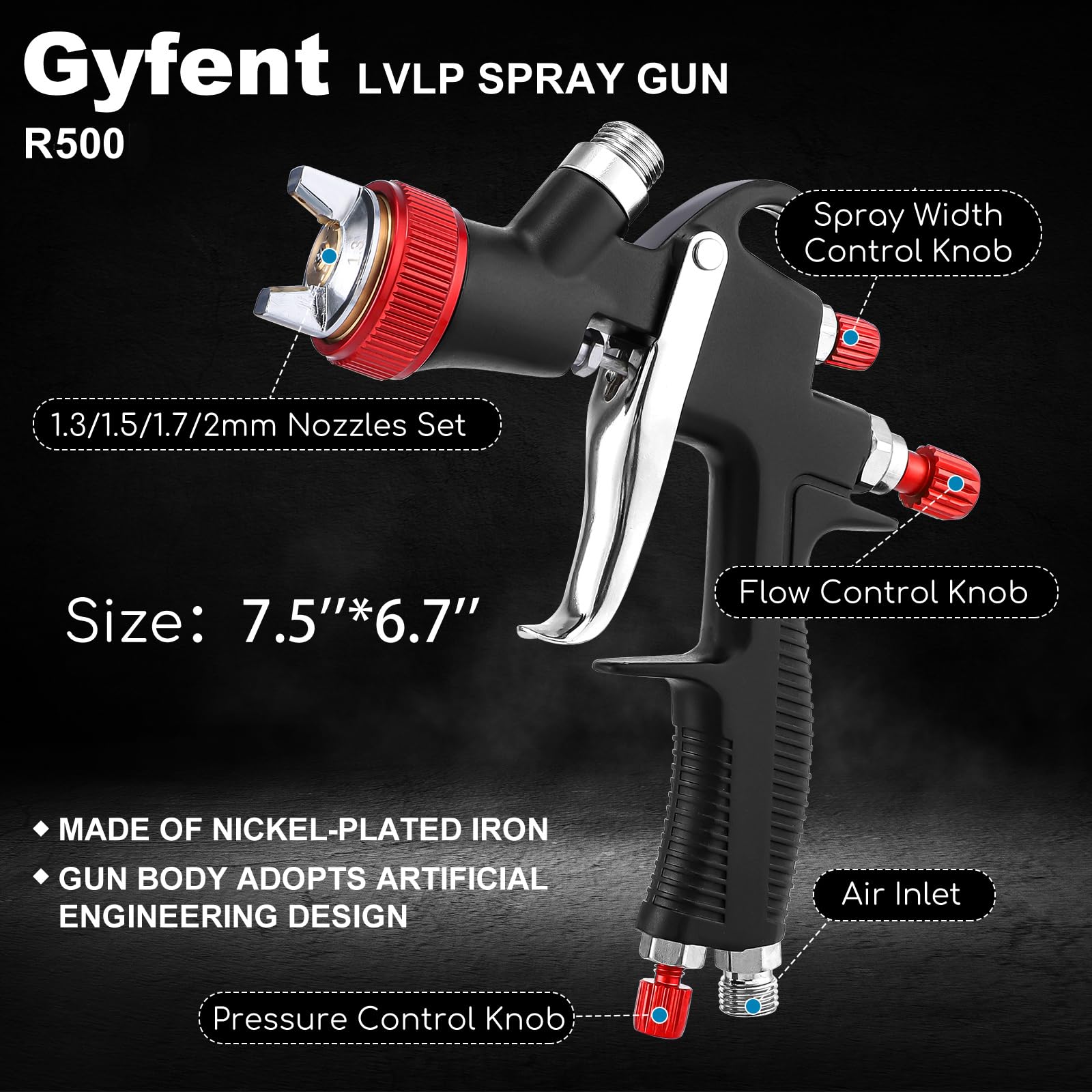 R500 Lvlp Kit de pistolet à air comprimé 4 buses, tasse de 600 ml