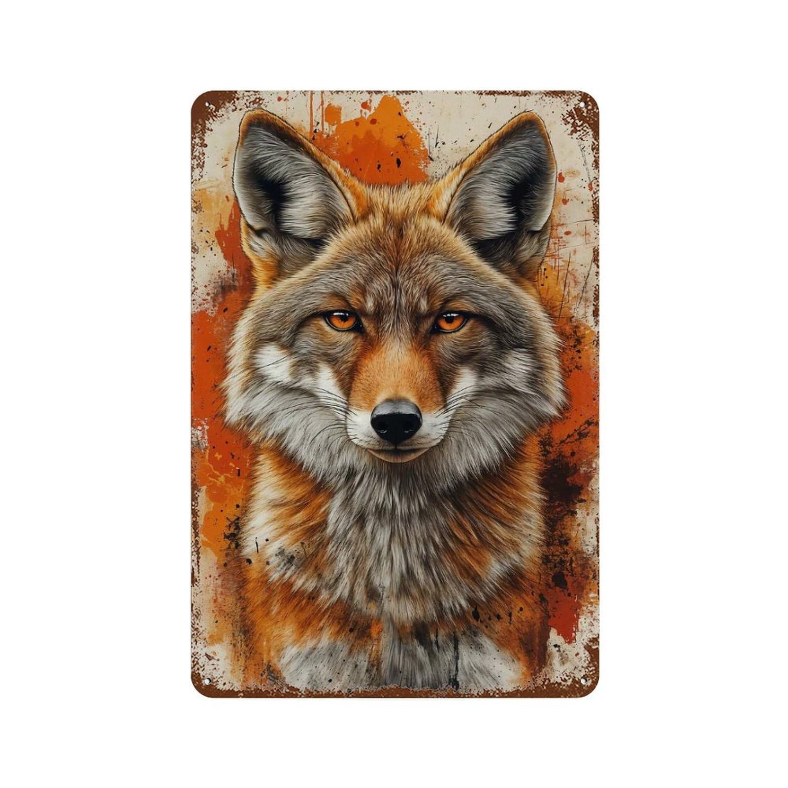 Vintage Metal Tin Sign Coyote Portrait with Orange Splatter Background 11.8"x7.9", Classic Wall Plaque for Pub, Kitchen And Man Cave Decor