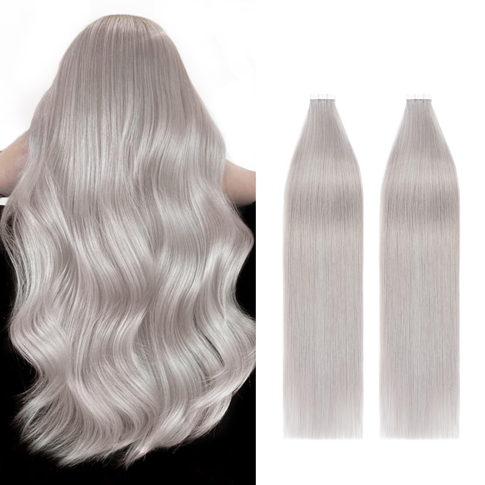 Silk-co Grey Tape in Hair Extensions Human Hair 40pcs Remy Real Hair With GlueSilky Soft Seamless Straight -Skin Weft- 40 Pcs