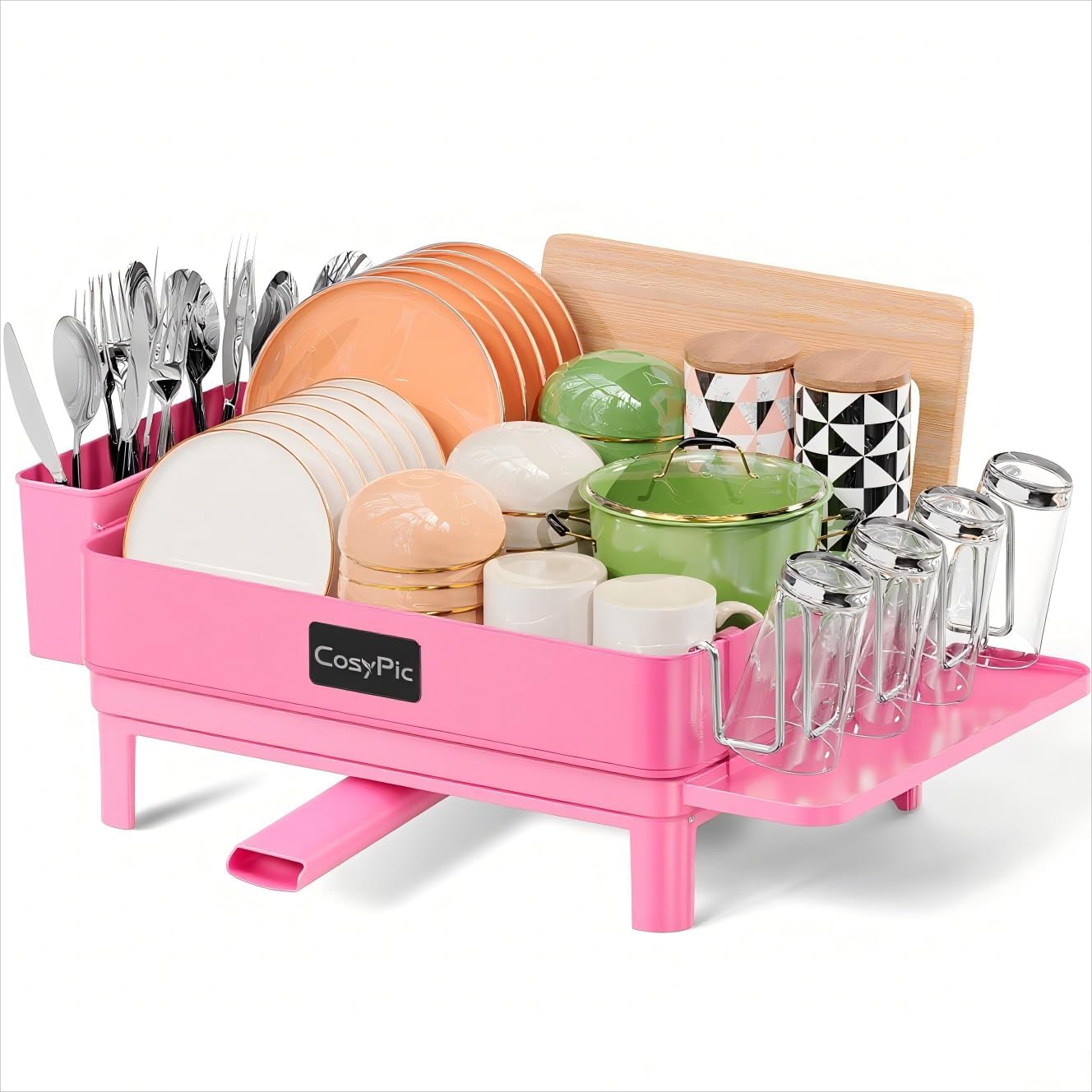 Dish Drying Rack, Thicker Premium 304 Stainless Steel Dish Racks for Kitchen Counter, Sink, Large Dish Drainer & Drainboard Set with Utensil Holder and Cup Holder, Pink