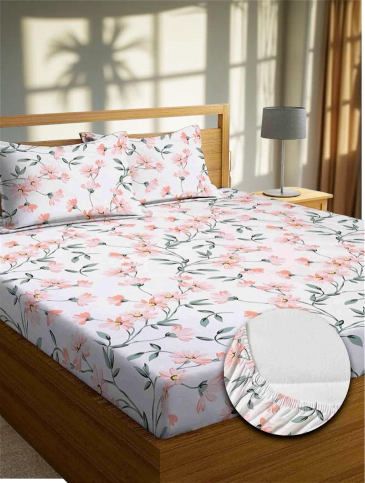 New Town Cotton Feel Glace Cotton Elastic Fitted Printed Queen Size Double Bed Bedsheet with Matchig 2 Pillow Covers Fits Upto 8 Inches Mattress Size Safari 1373-image-14