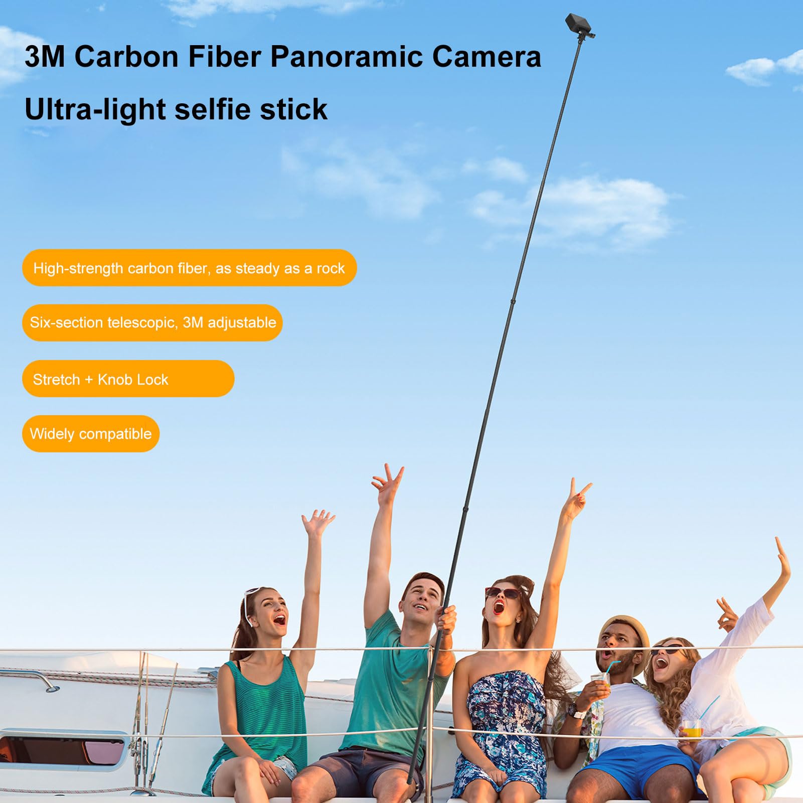 GOWENIC Asta Selfie Estensibile, Asta Telescopica Leggera in Fibra di Carbonio a 7 Sezioni Si Estende Fino a 118 Pollici con Filettatura da 1/4 di Pollice per Fotocamera Panoramica X5 X4