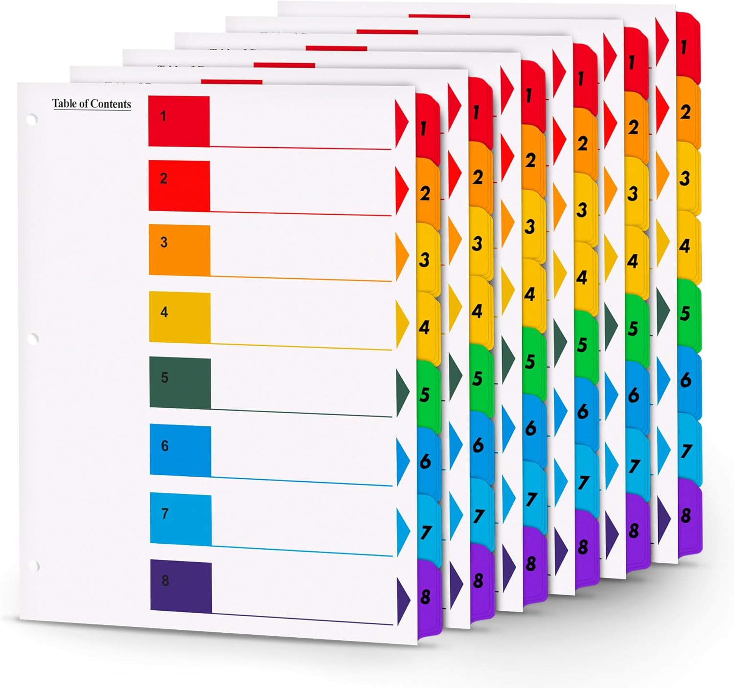 Tab Dividers for 3 Ring Binders – 6 Sets, 1–8 Numbered Index Dividers with Table of Contents – 8.5 x 11 in, 3-Hole Punched – Binder Dividers for School, Office, Filing, Organizing – 6 Pack
