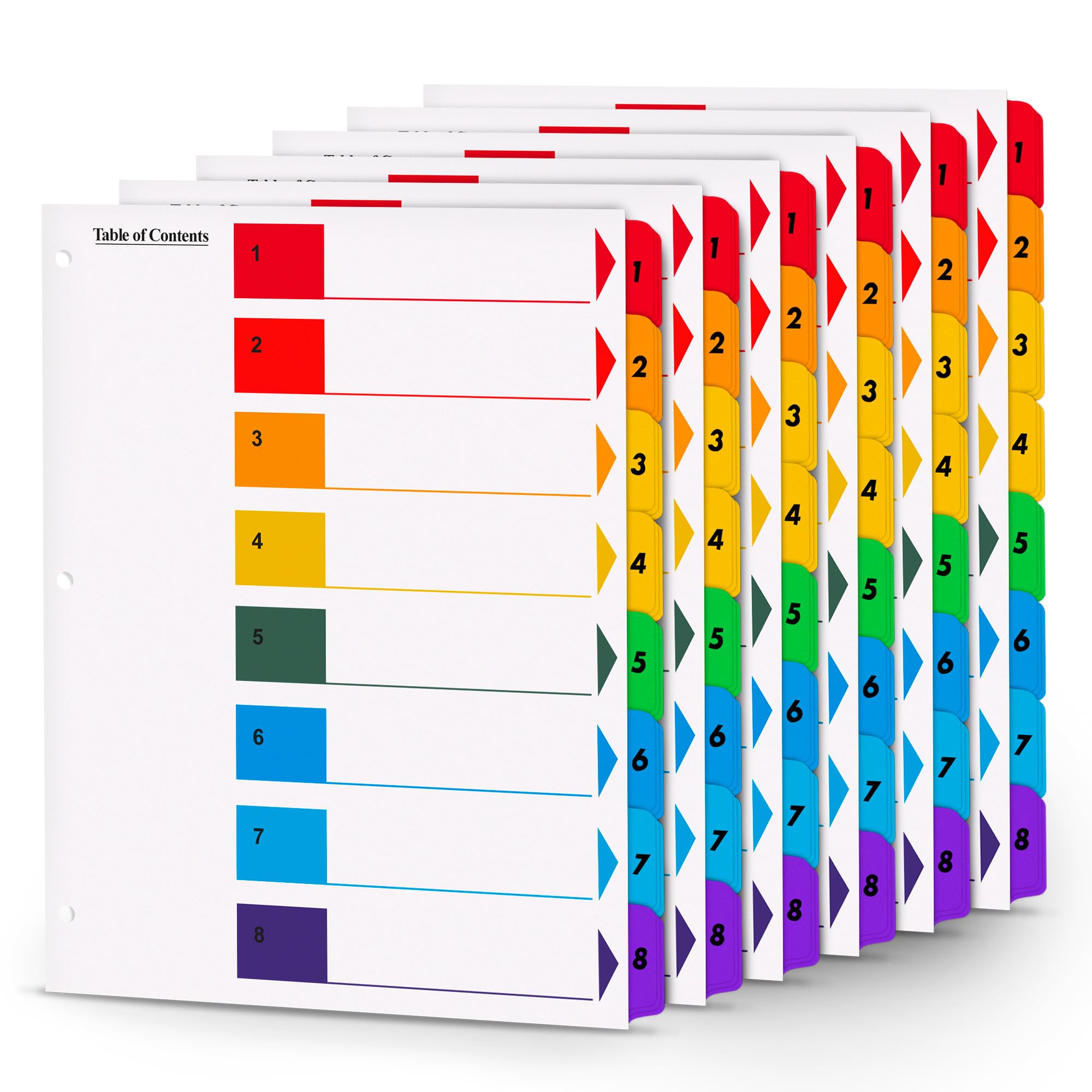 Separadores de pestañas para carpetas de 3 anillos – 6 juegos, 1-8 separadores de índice numerados con tabla de contenido – 8.5 x 11 pulgadas, 3 agujeros perforados – Divisores de carpeta para escuela