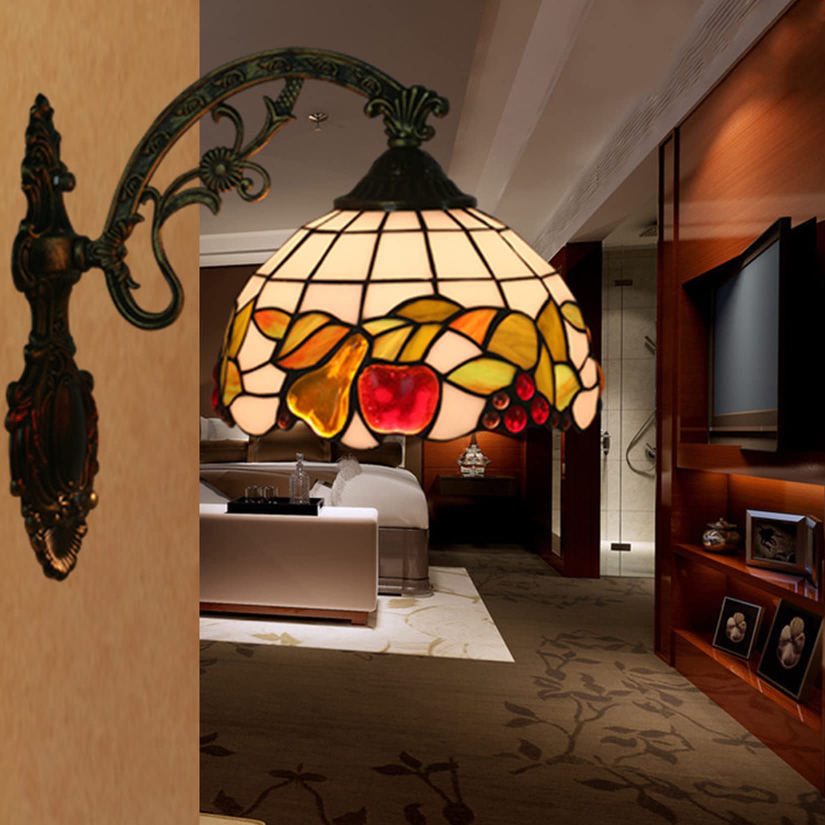 Applique da parete Tiffany, stile frutto, 20 cm, con vetri di mela, pera, uva e fiore, luce crescente o discesa, ideale per camera da letto, soggiorno, hotel e bagno, Down