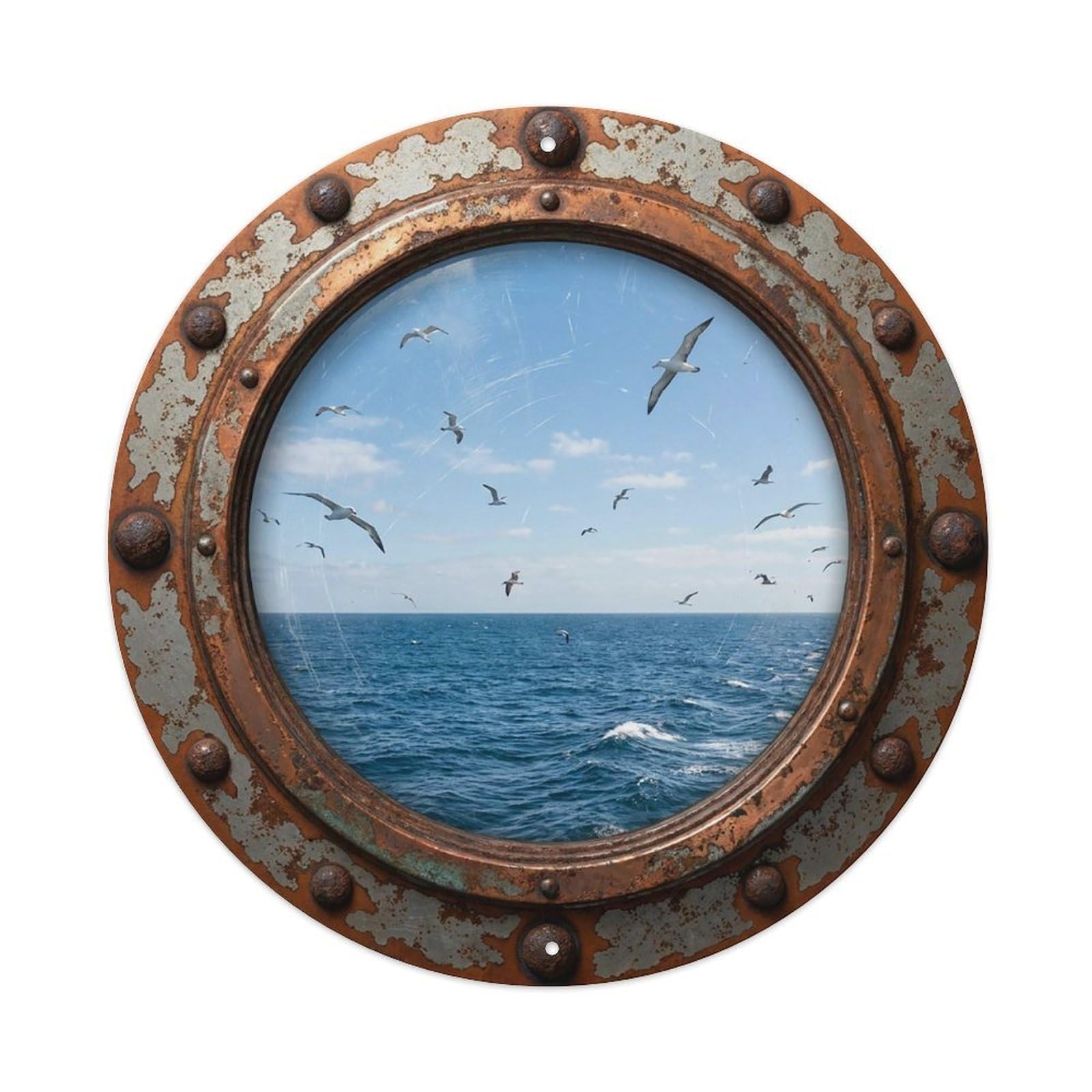 Vintage Porthole Birds Soaring Nautical Window View Vintage Metal Tin Sign Plaque Wall Decor for Cafe, Club Bar, Office, Garden Metal Poster 8x8Inch