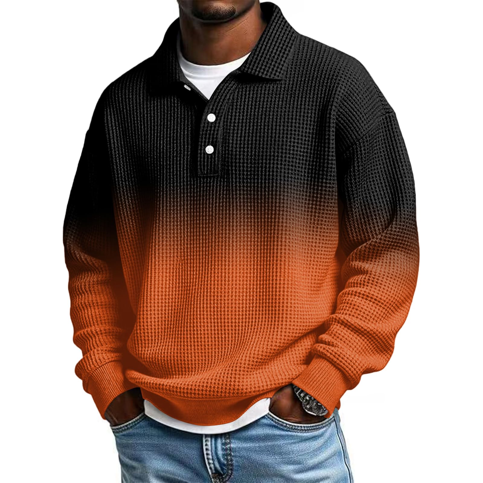 Long Sleeve Polo Shirts for Men Waffle Big and Tall Golf Shirts Gradient Collared Workout Shirt Textured Knit Tops