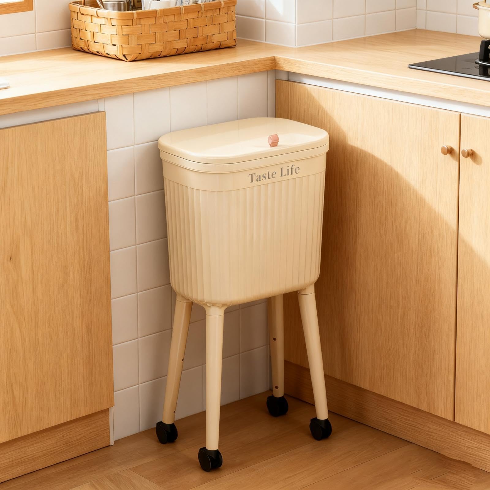 Pattumiera con Ruote Secchio Spazzatura con Coperchio Organizzatore Rifiuti Grande capacità Struttura Ergonomica in PP Adatto a Cucina Soggiorno Uffic, Giallo