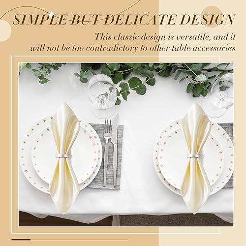 Miniatura 6 de Juego de 24 servilletas de satén y servilleteros de metal a granel de acero inoxidable semicírculo de 17 x 17 pulgadas, servilletas de satén marfil