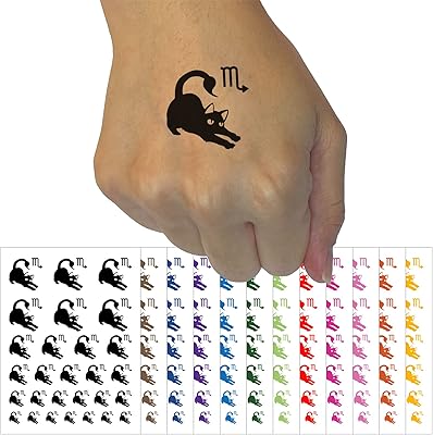 Astrological Cat Scorpio Horoscope Zodiac Sign Temporary Tattoo Water Resistant Fake Body Art Set Collection - Brown (One Sheet)