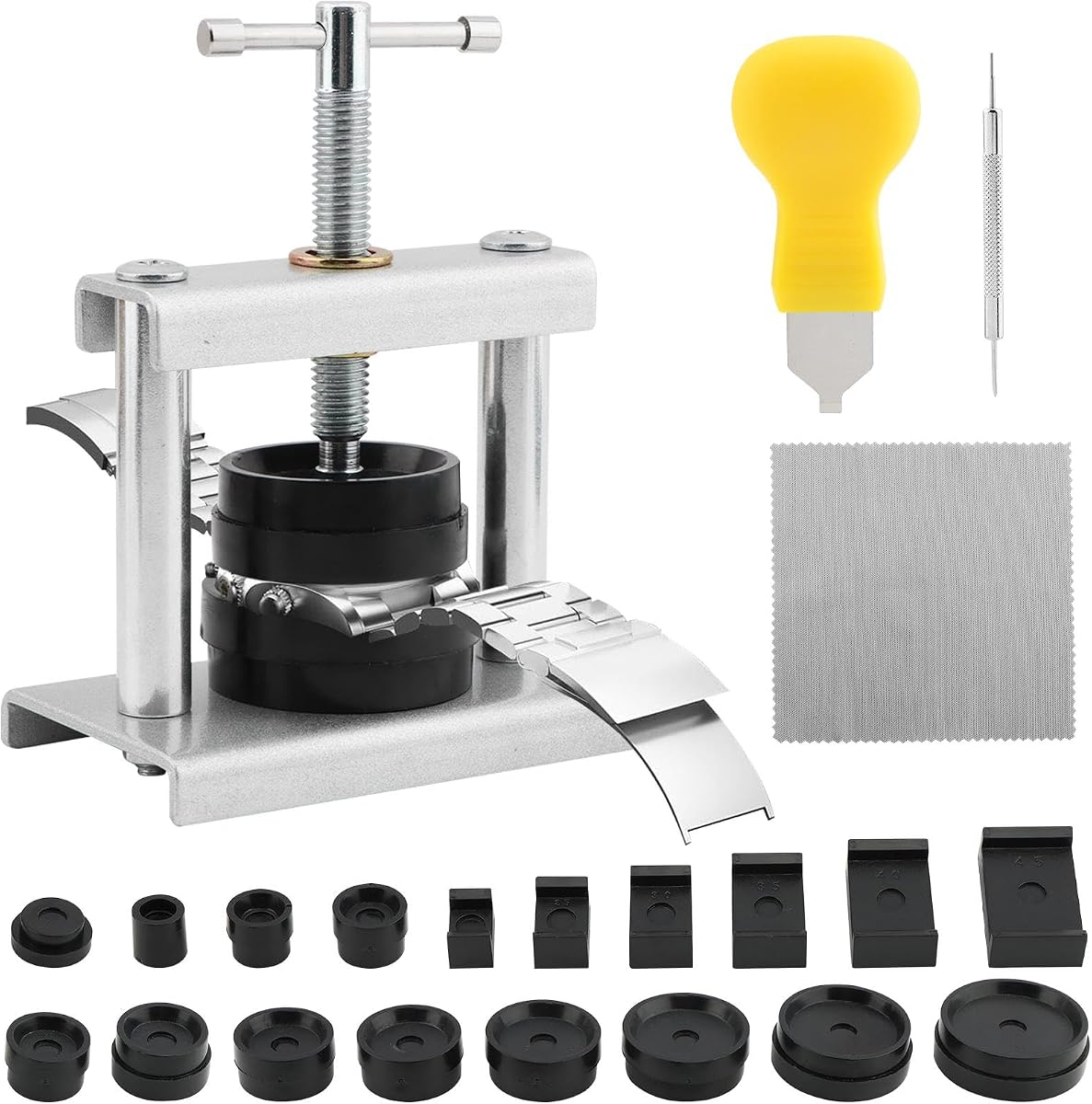 21-in-1 Watch Repair Tool Kit, Professional Watch Battery Replacement Press Tool Set with 18 Molds & Pry Tools for Back Case Cover Opening/Closing, Watchmaker Maintenance Kit