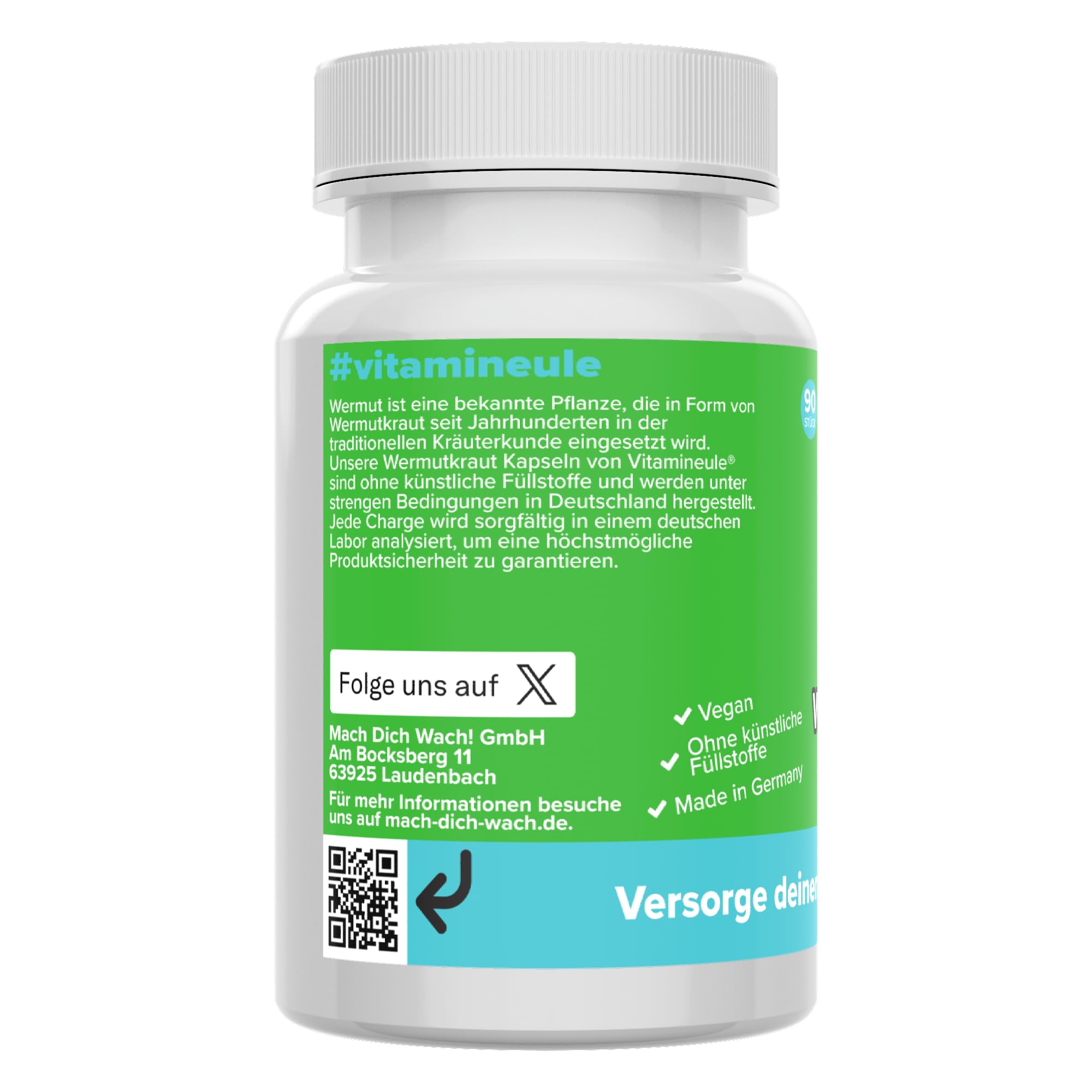 Wermutkraut Kapseln - hochdosiert 1600 mg (400 mg 4:1 Extrakt) - bioaktiv & vegan - 90 Kapseln - Produktion in Deutschland - ohne Zusätze & laborgeprüft - Vitamineule®