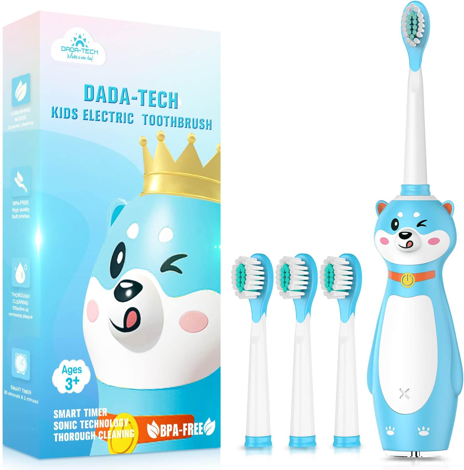 DADA-TECHKids Electric Toothbrushes Rechargeable, Sonic Silicone Teeth Brush with Timer for Children Boys Girls Ages 3+, 3 Modes with Memory, 4 Soft Brush Heads (Blue Shiba Inu Dog)