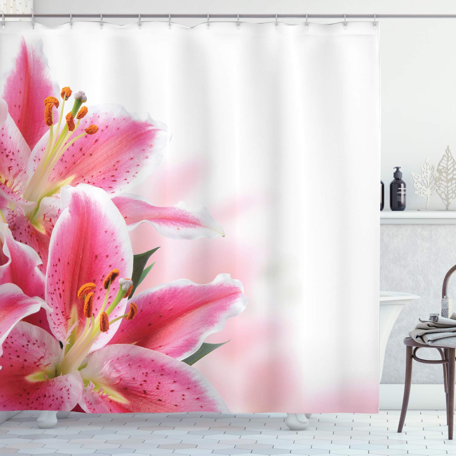 ABAKUHAUS Pink and White Shower Curtain, Florist Theme with Lilies Close up a Fresh Bouquet for the Loved Ones, Cloth Fabric Bathroom Decor Set with Hooks, 94 Inches, Pink Orange Green