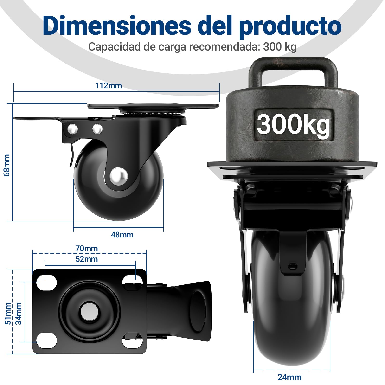 COSYLAND Ruedas para Muebles Pesados 50 mm, Juego de 4 Ruedas Giratorias 360° con Placa, Hasta 300 kg, No Dejan Marcas, para Transporte y Movimiento de Muebles, 4 Ruedas con Freno, Negro — view 8