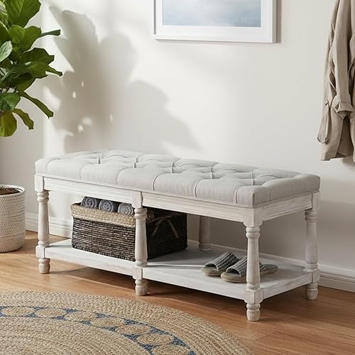 Miniatura 5 de Janoray Banco de almacenamiento estilo granja con tapicería y asiento acolchado en madera para dormitorio, organizador para el extremo de la cama y