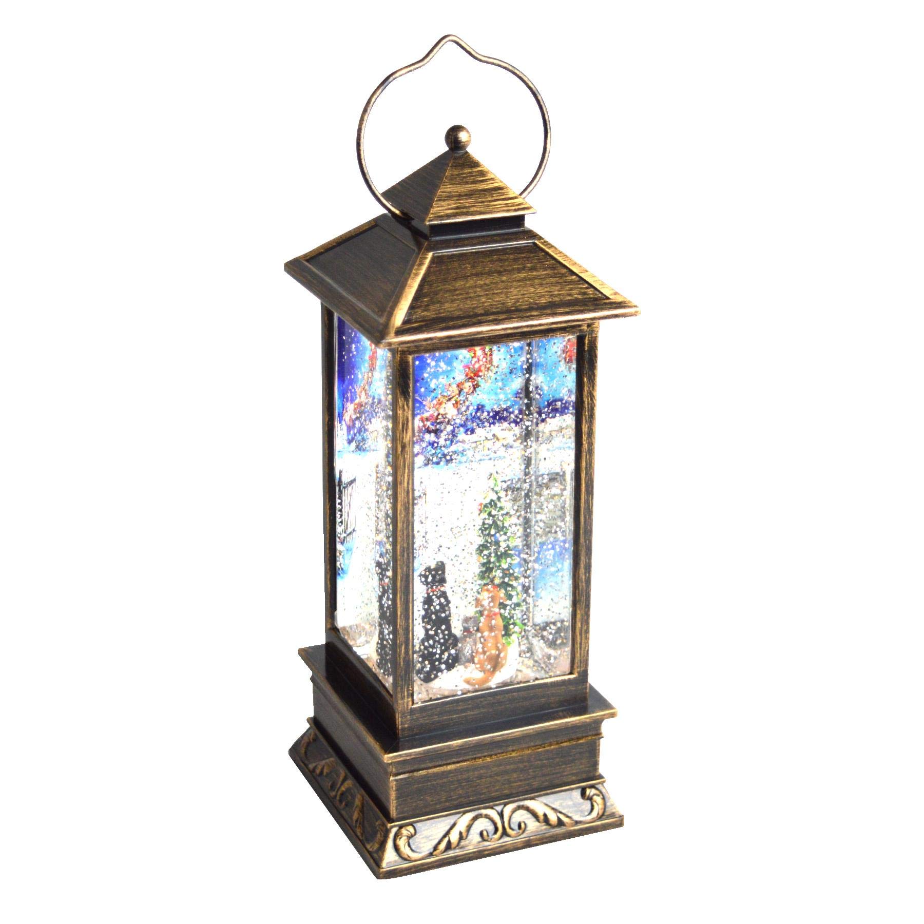 Lanterna Ad Acqua Illuminata Con Brillantini "Santa And Dogs" | Decorazione Natalizia Con Timer 6/18 Ore