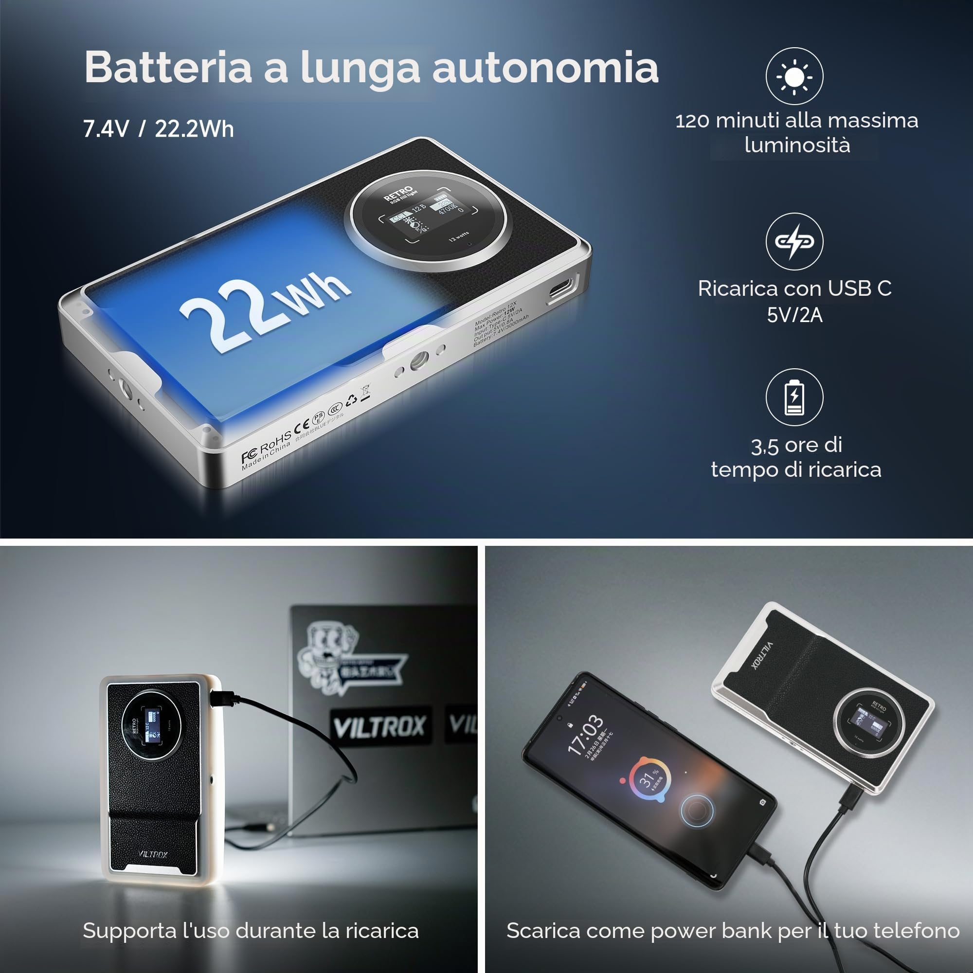 VILTROX Retro12X Luce Video RGB, Luce Led Fotografia con Batteria da 22Wh 3000mAh, Pannello Luce LED da Dimmerabile 2500K-8500K, CRI 95+ per Tiktok/Foto di Prodotti/videocamere DSLR, Fotografia