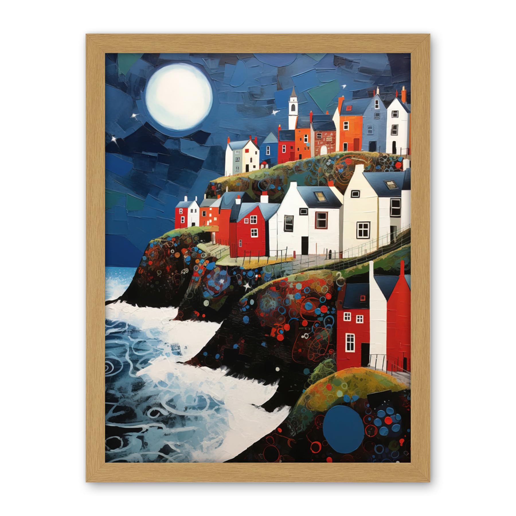 Artery8 Seaside Village Houses on Cliff Folk Art Oil Painting Bathroom Artwork Full Moon Night Waves Coastal Landscape Artwork Framed Wall Art Print 18X24 Inch