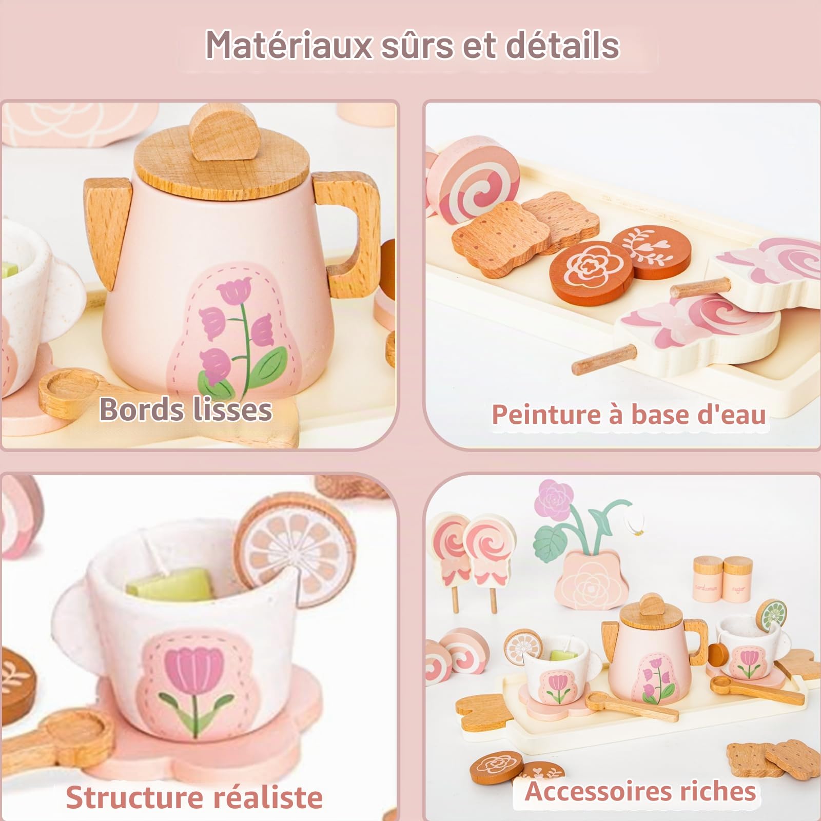 Service à Thé et à Dessert pour Fête de Filles 24PCS, Dinette Enfant en Bois Jouet Fille 3 4 5 Ans Accessoire Cuisine Tout-Petits Bois Jeux de Rôle de Tea Party Cadeau Rose
