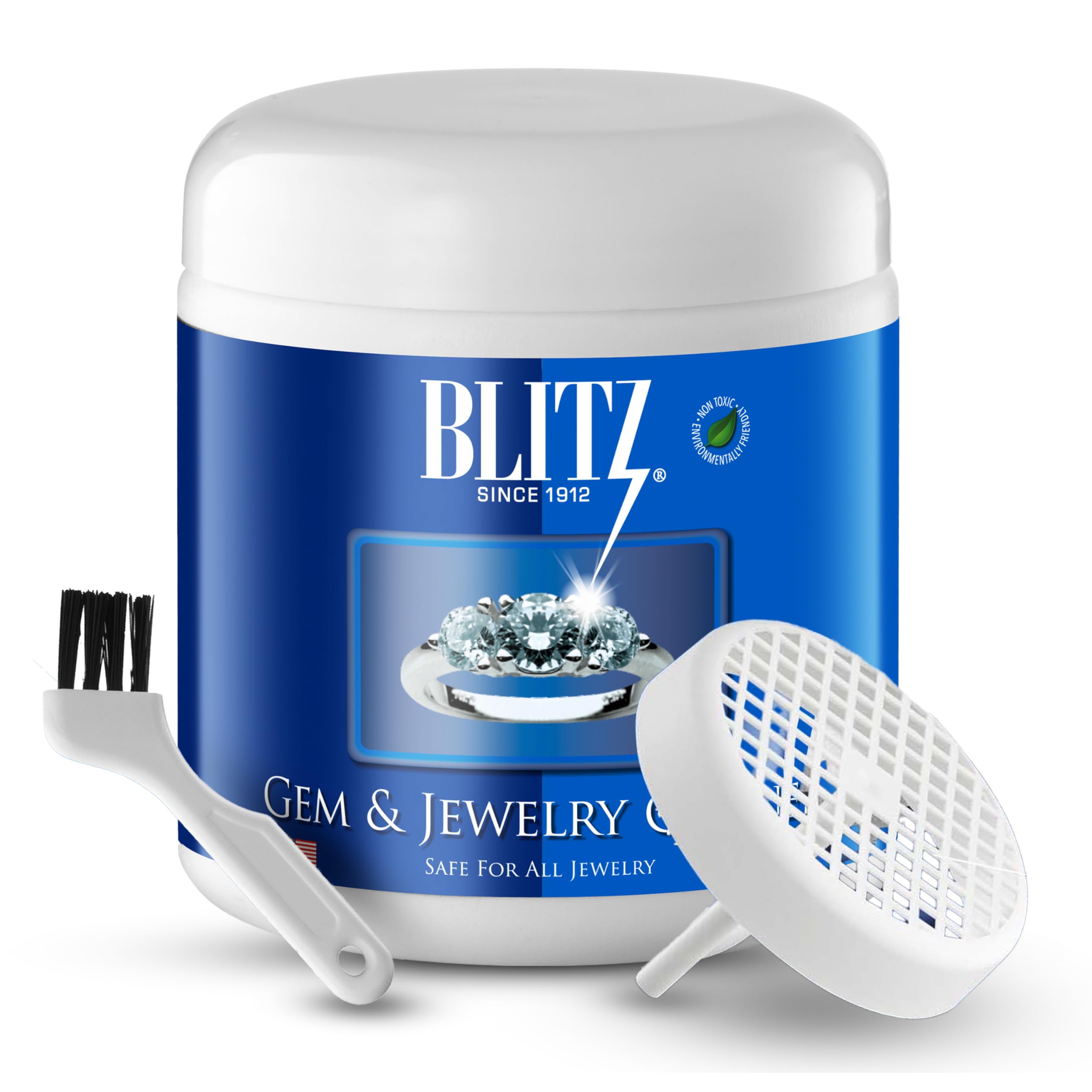 Blitz Gem & Jewelry Cleaner Cleaning Liquid for Gold, Silver, & Platinum Jewelry Cleans Precious & Semi-Precious Gemstones. Nontoxic, Non-Abrasive, & Planet Friendly, 8oz Jar With Concentrate Packet
