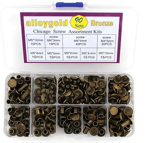 Miniatura 6 de Juego de 90 tornillos Chicago de bronce surtido, 6 tamaños de remaches de tornillo para remaches de cuero para manualidades de cuero y
