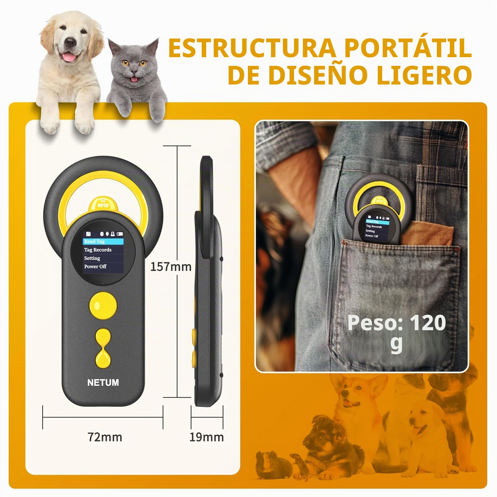 NETUM Lector de Microchip Bluetooth para Mascotas, Escáner Universal Inalámbrico 3 en 1 con Pantalla TFT de 1.45 Pulgadas, Batería Recargable de 1200 mAh, Almacena hasta 20000 Registros (DJ-130)