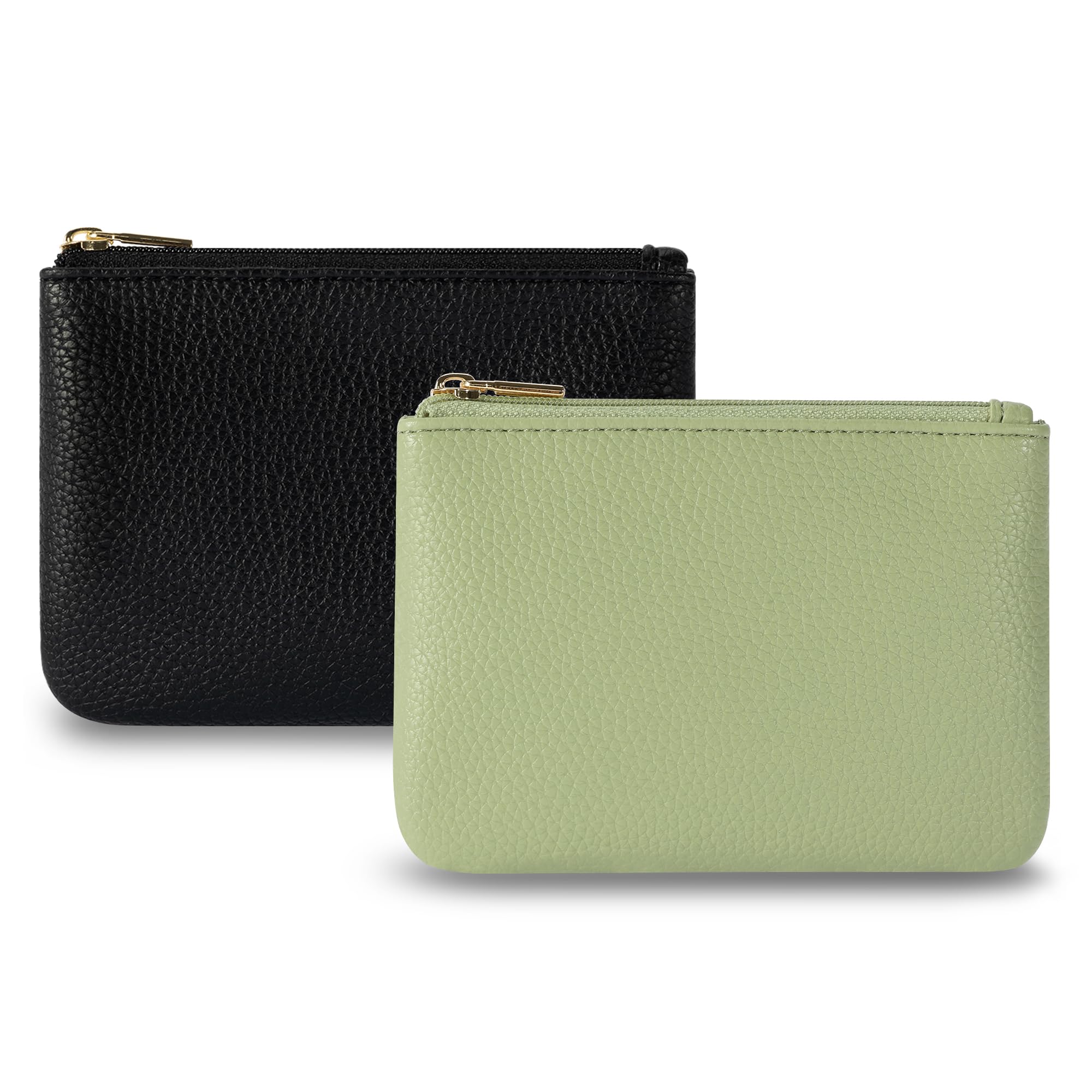 Chelmon PU Leather Coin Purse Pouch Change Holder Small With Zipper for Men Women 2 PCS Set (Black&amp;Light Green)