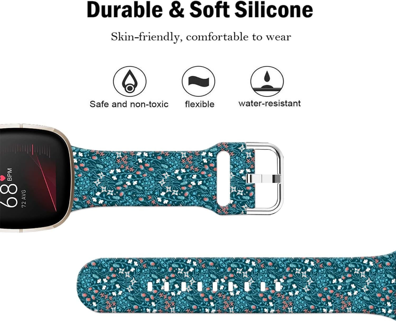 Pattern Printed cartoon Watch Bands Compatible with Fitbit Versa 4/ Versa 3/Sense 2/Sense Soft Silicone Sport Strap Wristband for Men Women (White Red and Green flowers) image 3