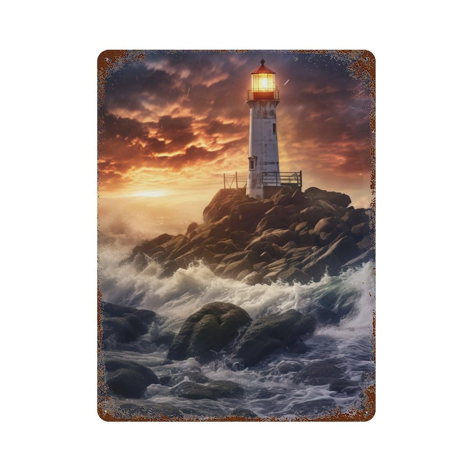 Rust Effect Lighthouse in The Storm Rusty Metal Tin Sign 15.7"x11.8", Old School Wall Decor for Basement, Hobby Room And Garage Decor