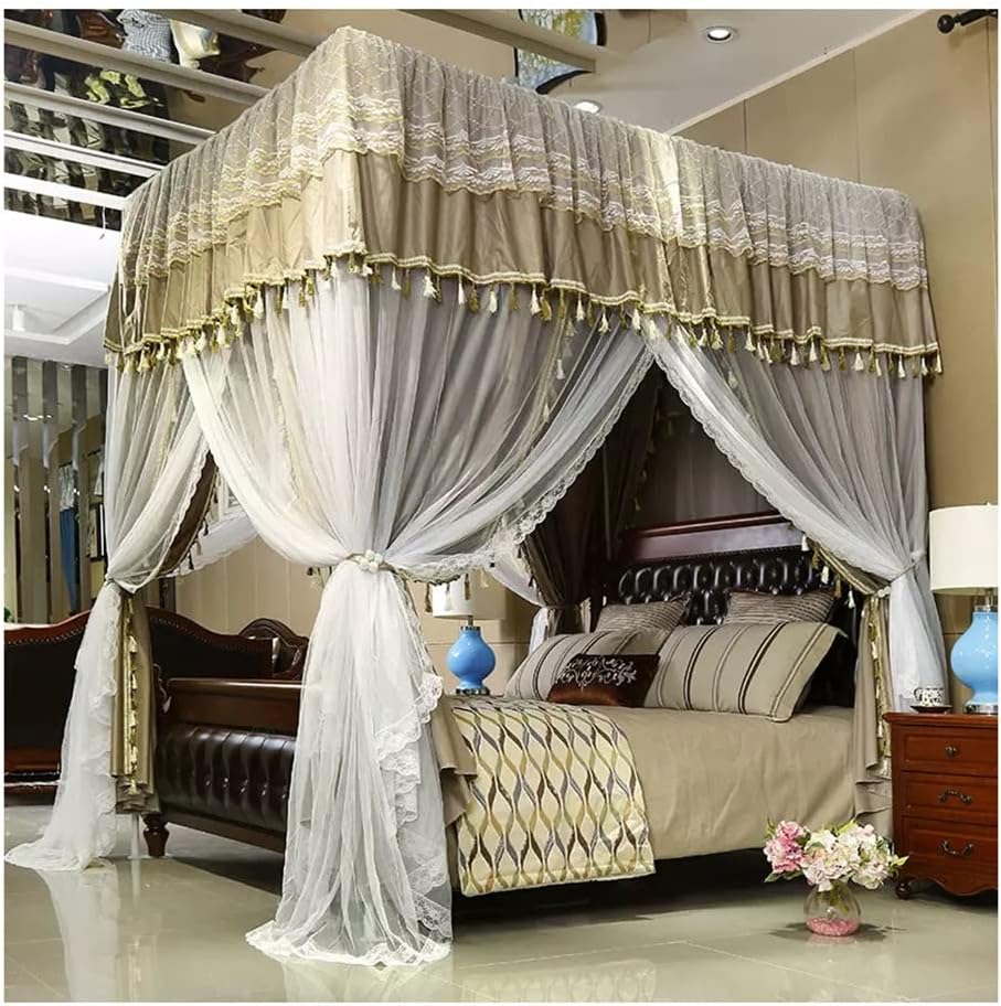 Double Bed Canopy Mosquito Net, 4 Corner Post European Bed Curtain with Bracket, Girl's Room Princess Room Bedroom Decoration,Khaki 180 * 220Cm/71 * 87In