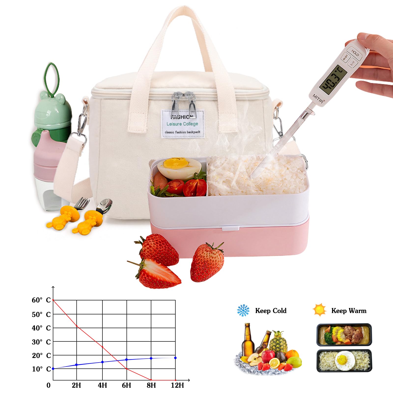 PORRASSO Lunch Bag Insulated Cooler Bag Crossbody Lunch Box Bag Storage Bag Waterproof Leak-Proof Cool Thermal Lunch Tote for Work Camping Outdoor BBQ Party White - Image 4