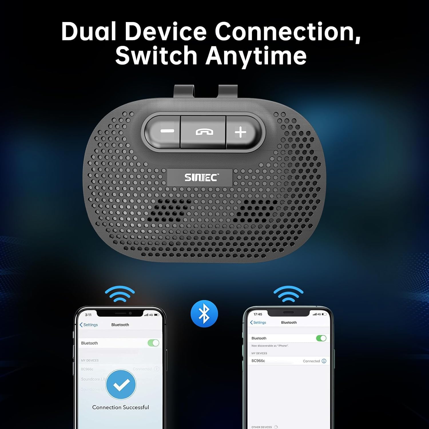 Bluetooth Speaker for Car Hands Free - Bluetooth Speakerphone for Cell Phone Support Siri Google Voice Assistant - Wireless Car Kit with Visor Clip BC966C