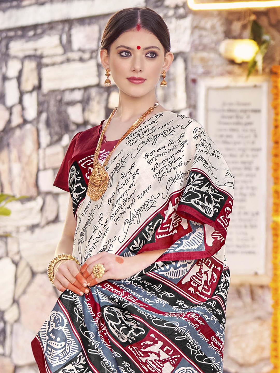 SAREE MALL Women's Bhagalpuri Silk Ethnic Motif Printed Saree With Unstitched Blouse Piece(Off White_30WOM30905_HS) 2