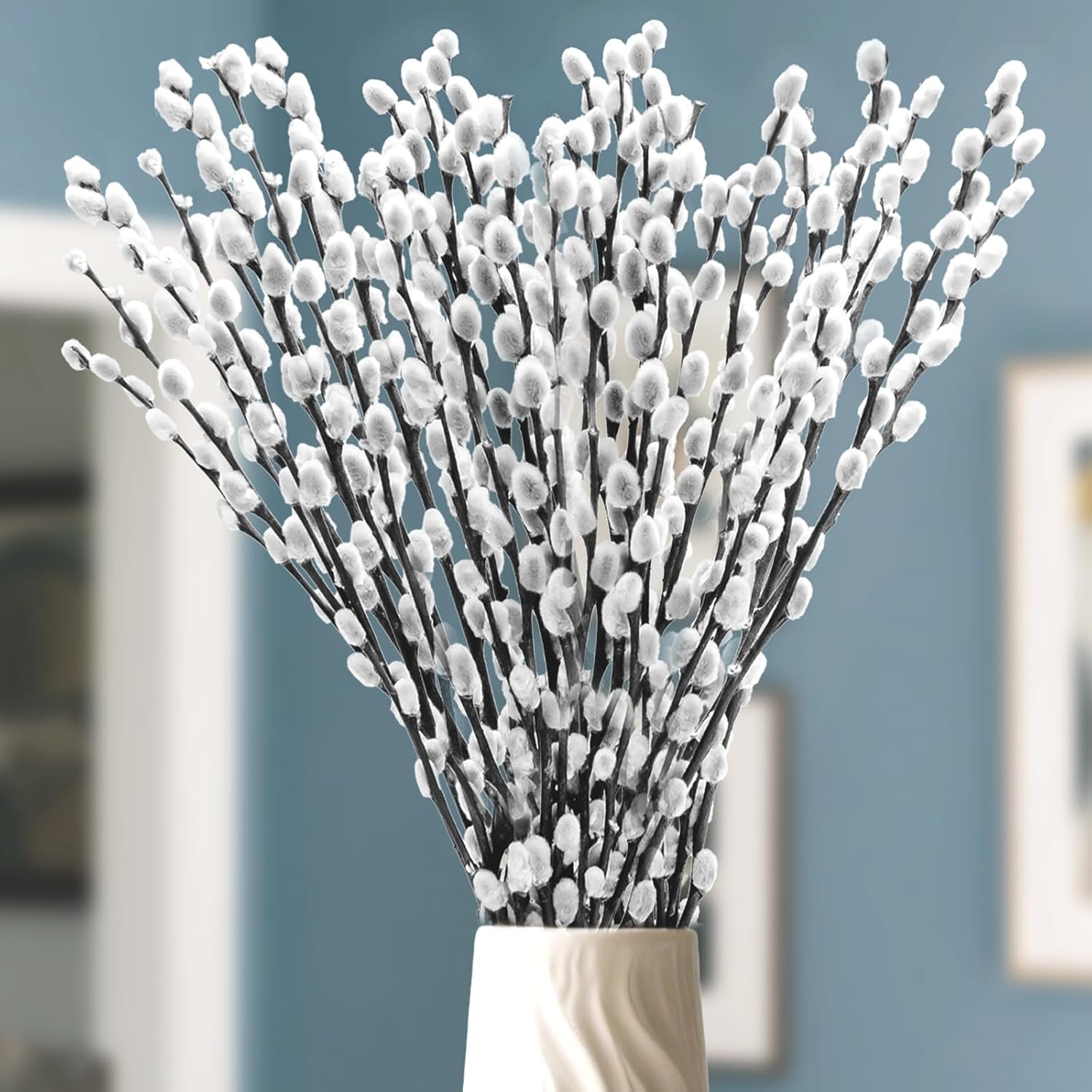 Oning 60 Stems 17＂Real Dried PussyWillow Branches for Vase, Natural PussyWillows with White Flowers, Snow Willow Branches for Indoor and Outdoor Decor, Wedding Home Party Hotel Fireplace Yard