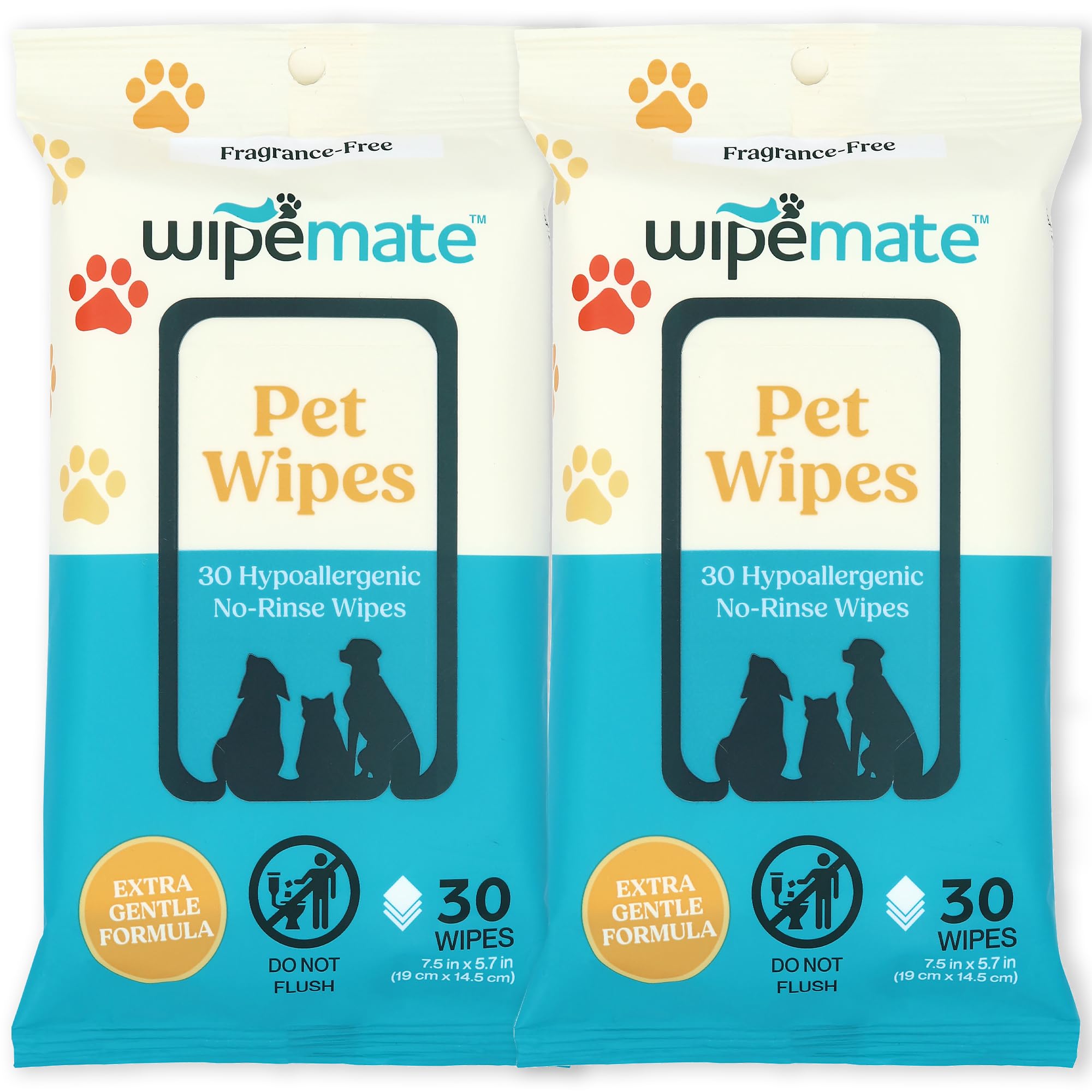 Bulk Travel Dog & Cat Pet Wipes for Small/Medium Pets, Cleans Pet Paws, Ears, Fur, Butt, & Anal Gland - No-Rinse Solution, Gentle, Deodorizing, Hypoallergenic - Unscented (2-Pack) 60 ct