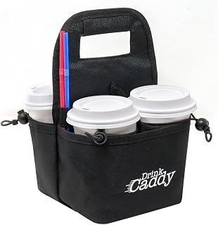 Drink Caddy Portable Drink Carrier and Reusable Coffee Cup Holder - 4 Cup Collapsible Tote Bag with Organizer Pockets Safely Secures Hot and Cold Beverages - Perfect for Food Delivery and Take Out