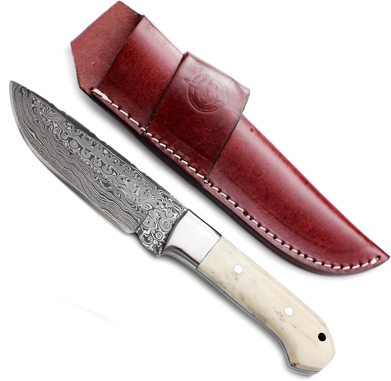 DCX17-69 Handmade Damascus Steel Hunter, Camel Bone Handle, with Cowhide Leather Sheath …