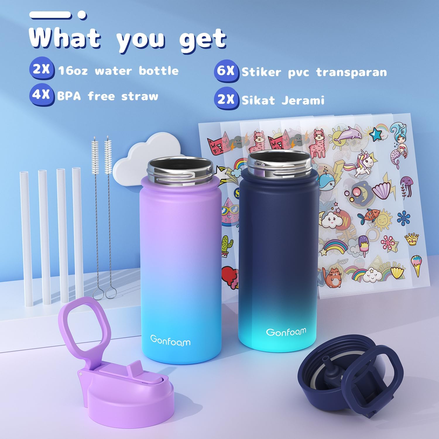 Kids Water Bottle, 2-Pack 16oz Water Bottles with Stickers and Straw, Stainless Steel Vacuum Insulated cup, Kids Water Bottle for School, Gifts for Boys and Girls(Blue/Purple) - Image 3