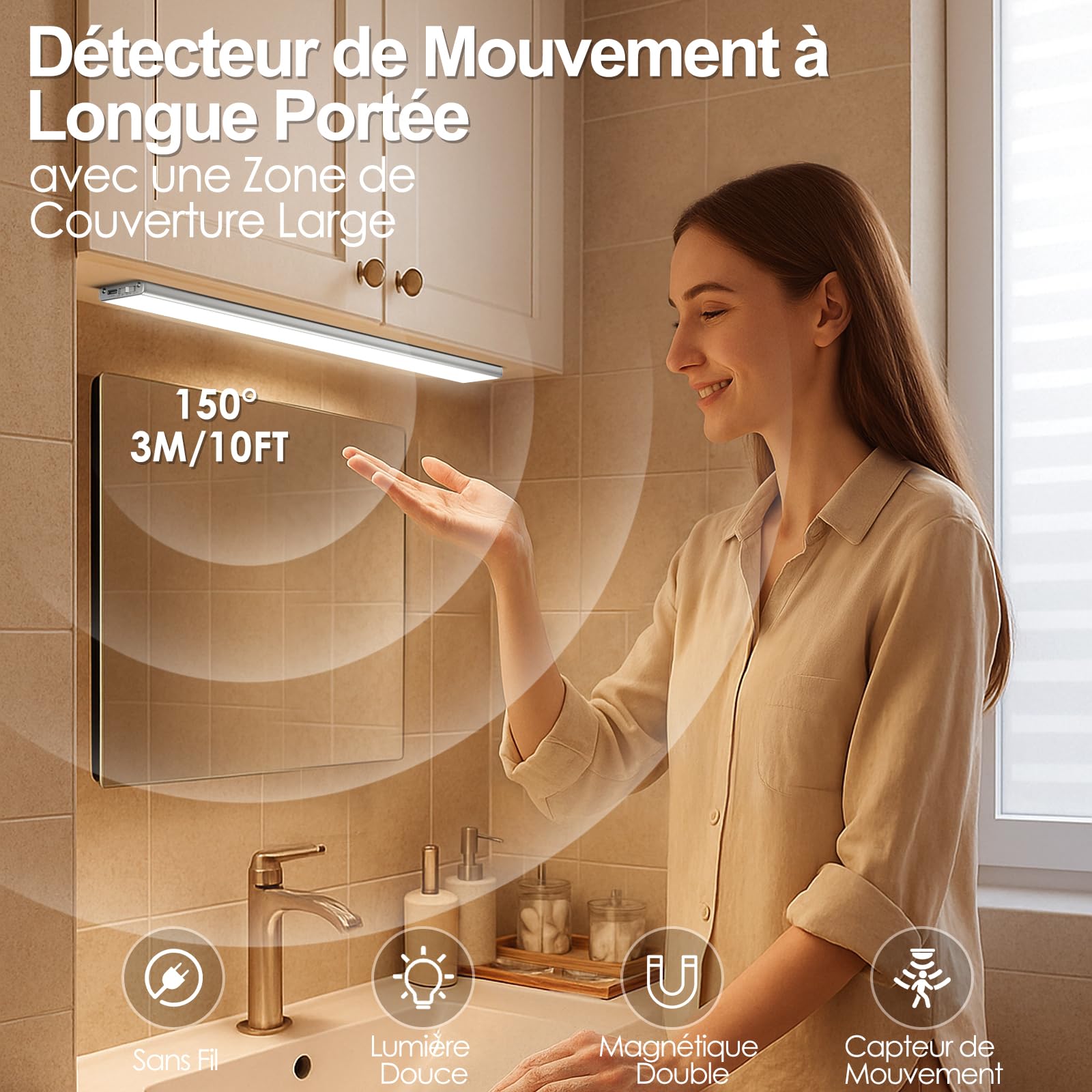 Quntis Reglette LED Cusine sous Meuble 40CM Aimantée, 186 LEDs Rechargeable USB Sans Fil Lampe de Placard à Détecteur de Mouvement Interieur 3 Couleurs Lumière Réglable pour Armoire Escalier Bureau