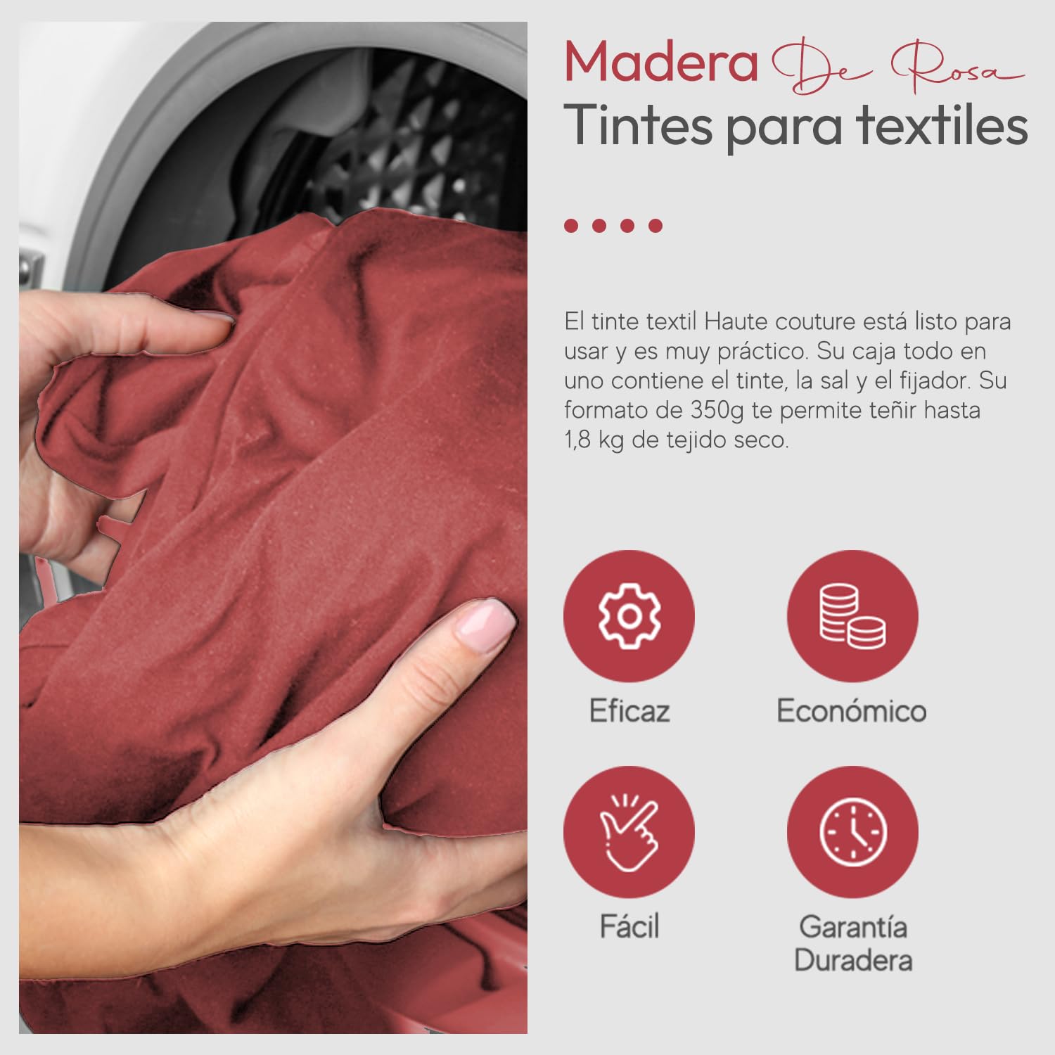 Haute Couture - Tinte para Ropa y Textil Rosa - Madera de Rosa - 350g - Tinte Textil Todo en uno - Listo Para Teñir Ropa y Tejidos