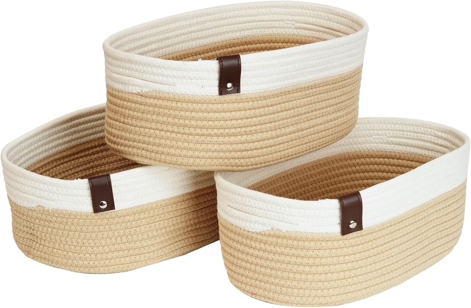 Nursery Storage Bins Woven Storage Basket-Small Baskets for Organizing Cotton Rope Storage Baskets for Shelves Dog Toy Basket Bin-White&Beige
