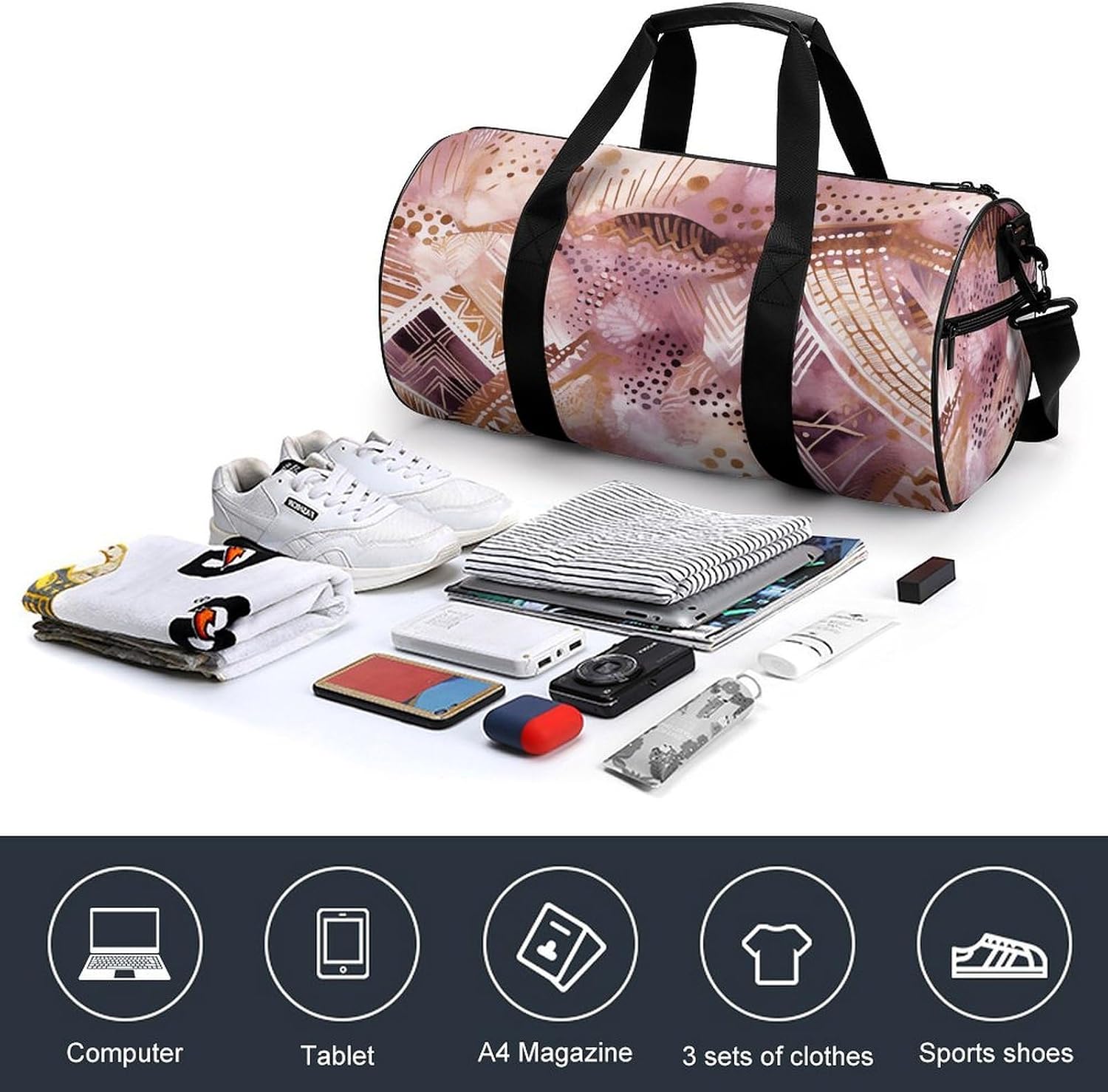 Pretty Peach Pattern Gym Bag Hand-held Fitness Bags Cylindrical Fitness Bag with Shoe Large Compartment Duffle Bags for Travel Sports Unisex image 4
